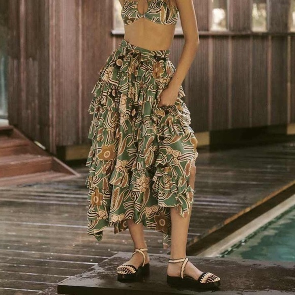 Ulla Johnson Skirt Isa Floral Tiered Ruffles Silk Taffeta Midi Topaz 6 GUC - Picture 1 of 6